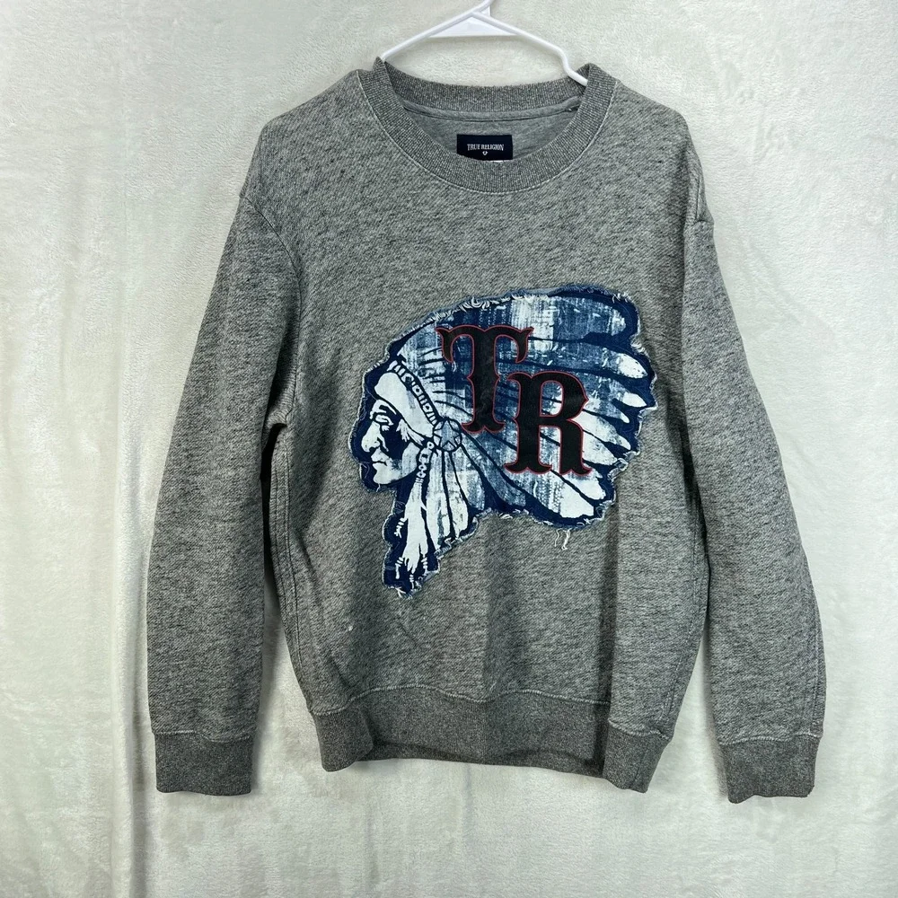 True Religion Sweatshirt  Size Medium Indian Chief Native American Gray Pullover